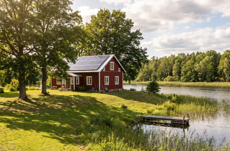 Sörmländskt landskap med sjö, lövskog och en villa med solceller på taket